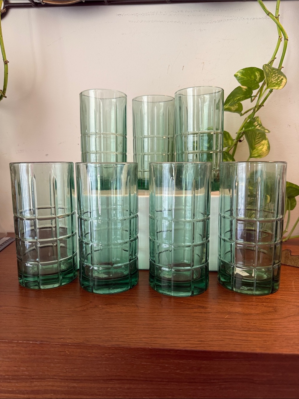 Flat Iced Tea Tartan Dark Green Glass Tumbler Anchor Hocking   set/7